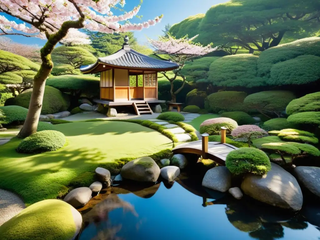 Un jardín japonés sereno con una casa de té de madera tradicional, rocas y musgo