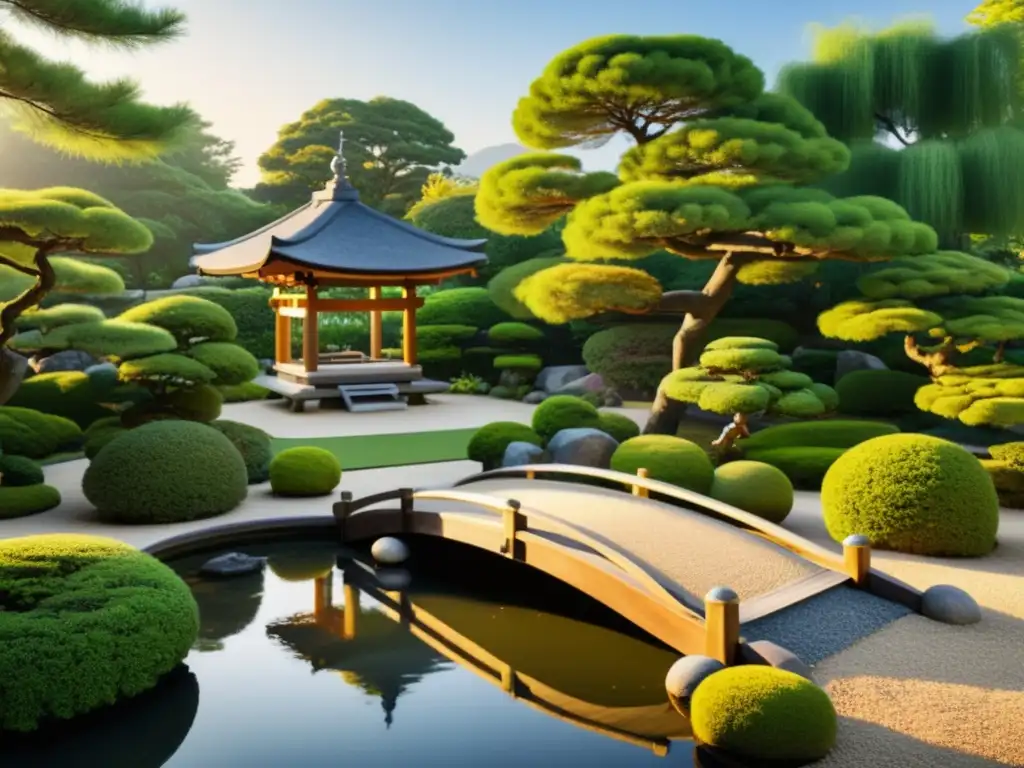 Un jardín japonés sereno con diseño de espacios públicos influenciados por el Feng Shui