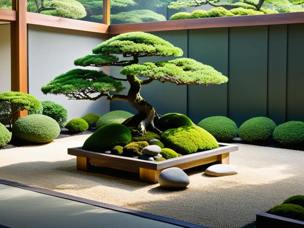 Un jardín japonés sereno con diseño de jardines Feng Shui: gravilla cuidadosamente rastrillada, musgo verde exuberante, piedras suaves y bonsái