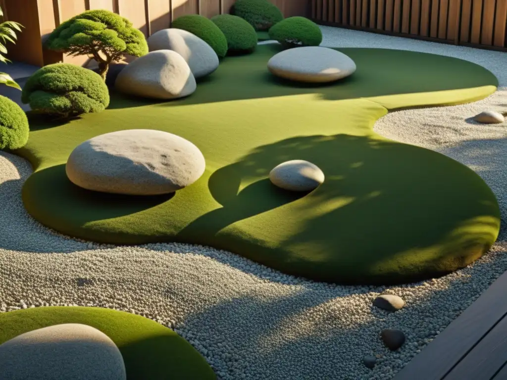 Un jardín japonés sereno con diseños en la grava, rocas colocadas con cuidado y musgo verde exuberante