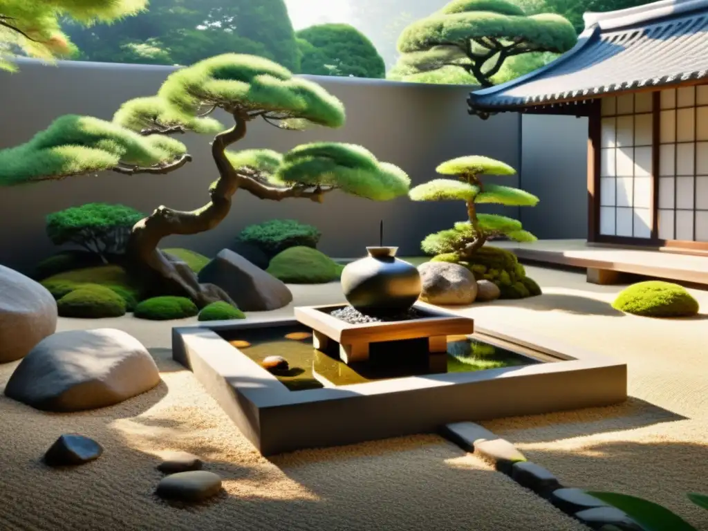 Un jardín japonés sereno con elementos acuáticos Feng Shui, rocas, bonsáis y luz solar filtrada