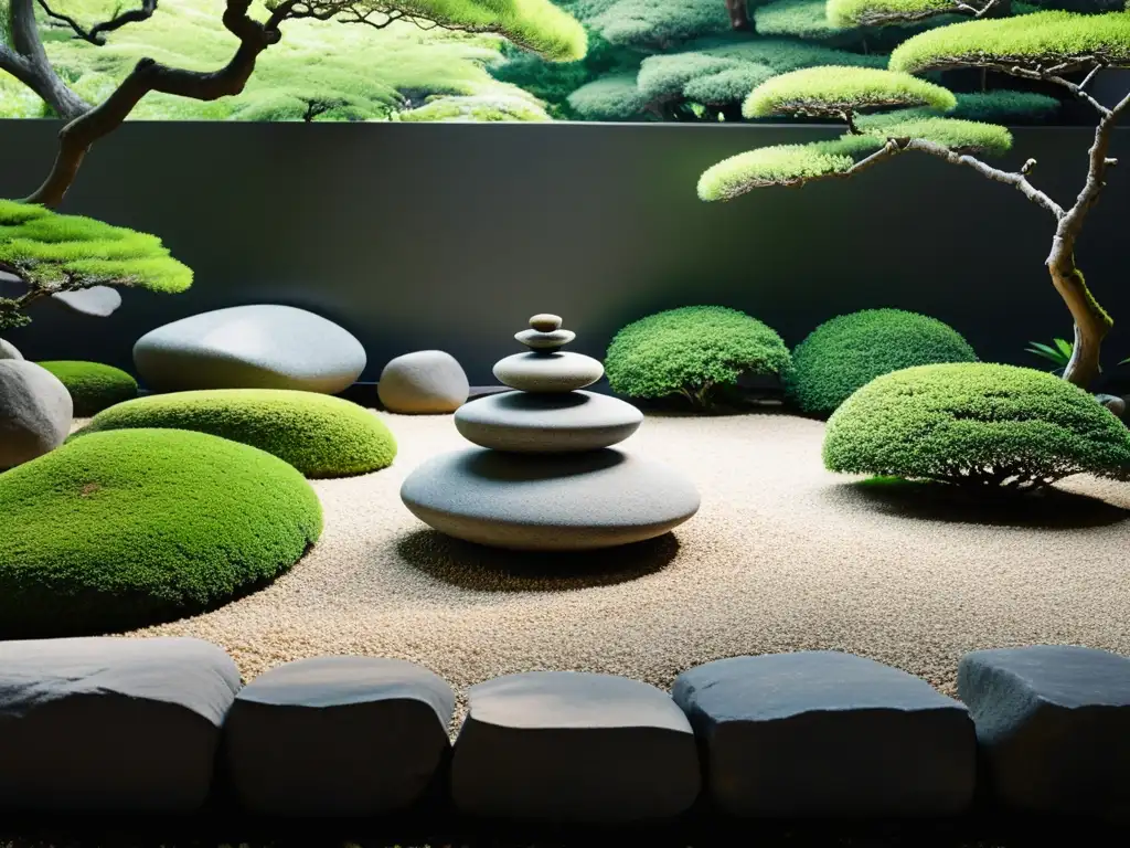 Jardín japonés sereno con elementos naturales en arquitectura Feng Shui