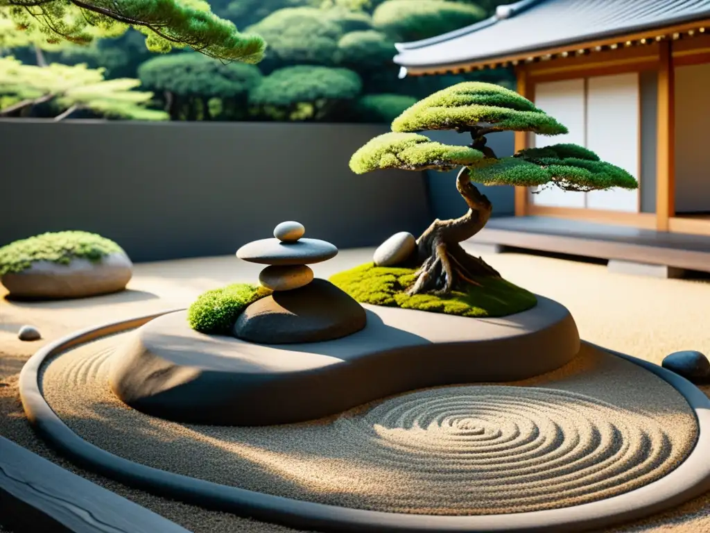 Un jardín japonés sereno y equilibrado, con grava y rocas cuidadosamente colocadas, más un bonsái