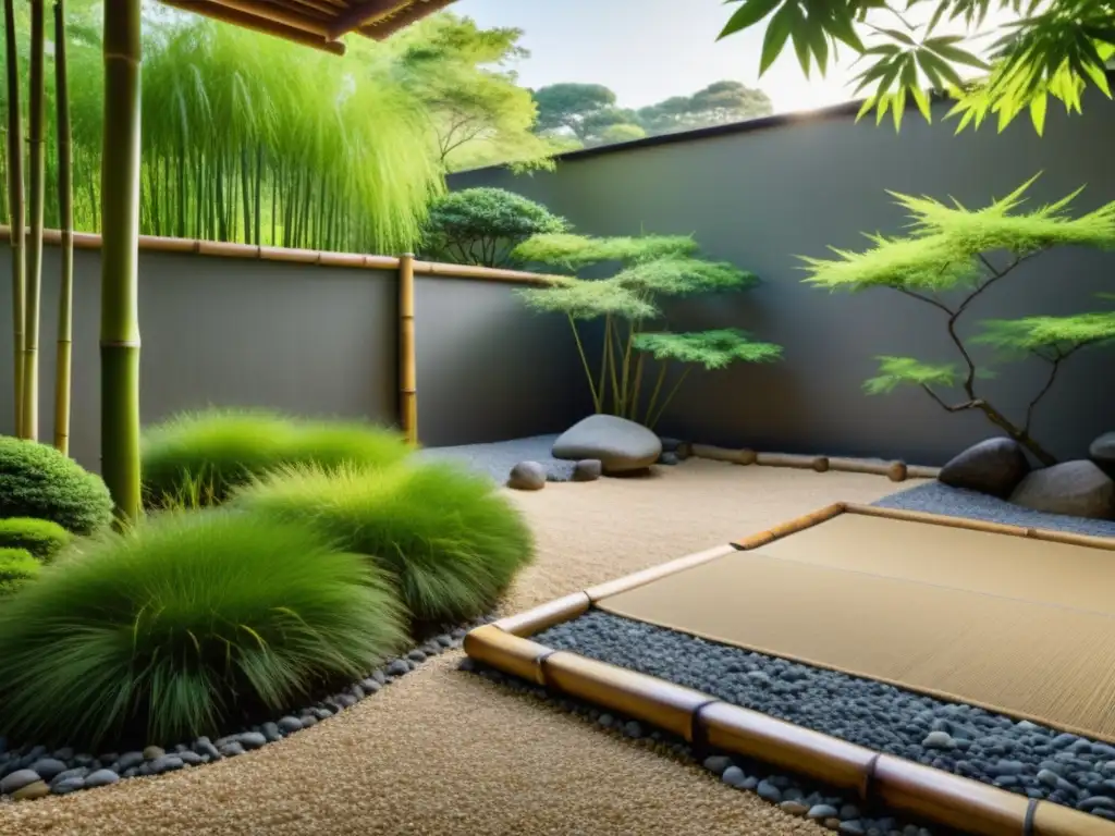 Un jardín Zen japonés sereno y equilibrado, protegido por una valla de bambú, en armonía con el Feng Shui