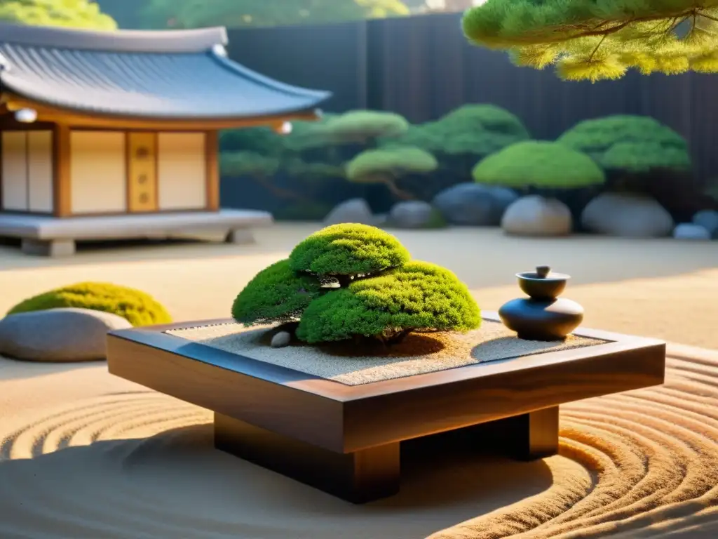 Un jardín Zen japonés sereno con esculturas para armonizar jardín Feng Shui, arena y musgo en piedras, bonsái y farol de piedra al atardecer