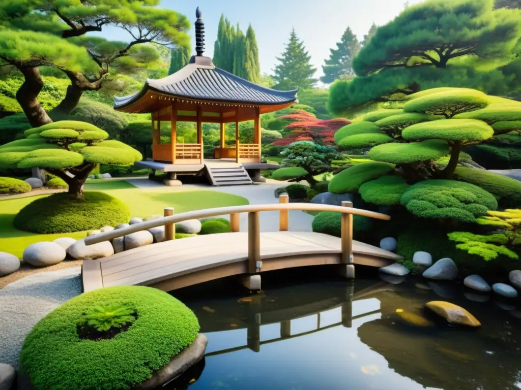 Un jardín japonés sereno con un estanque, puente de madera y pagoda rodeados de naturaleza y equilibrio