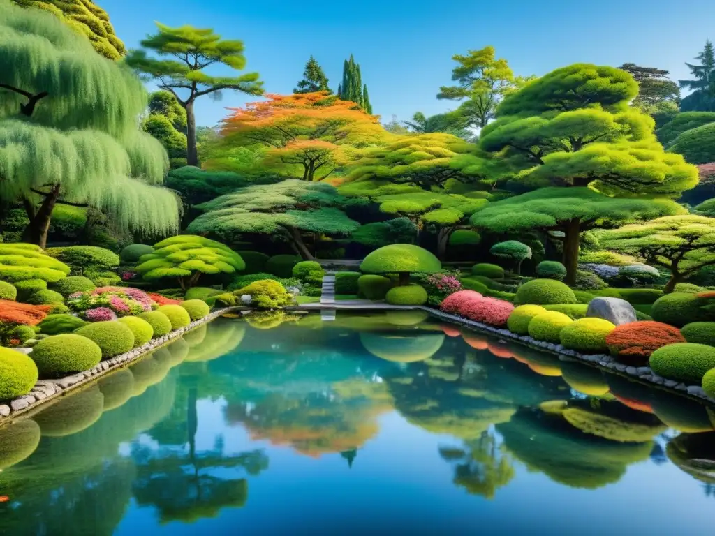 Un jardín japonés sereno con un estanque y un reflejo perfectamente tranquilo, representa la energía positiva de un jardín Feng Shui