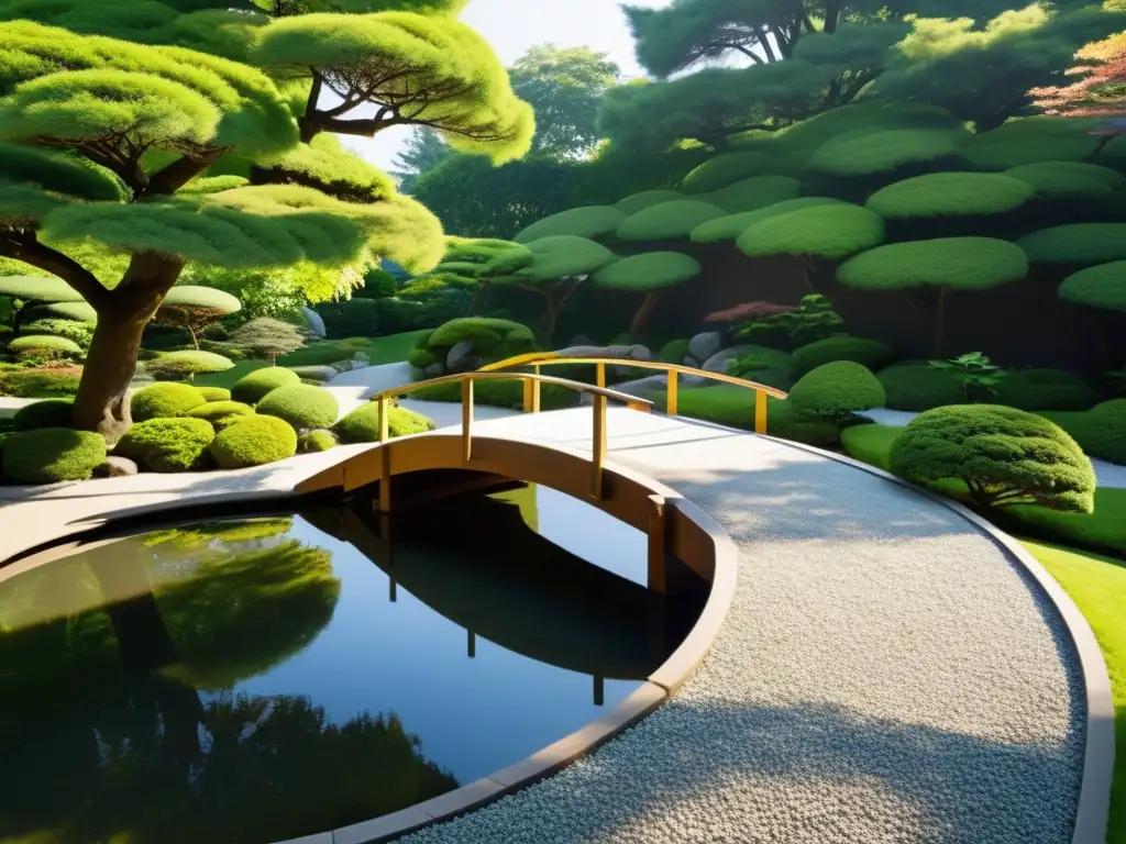 Un jardín japonés sereno con un estanque tranquilo, puente y vegetación exuberante para feng shui para luz natural exterior