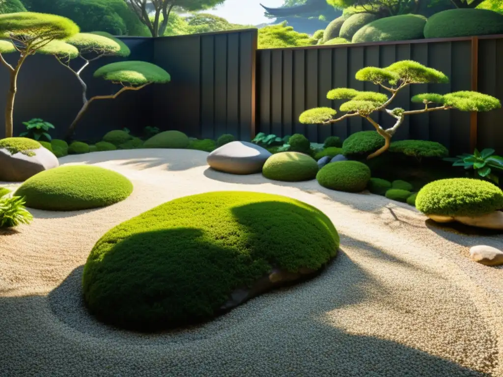 Un jardín japonés sereno con grava cuidadosamente rastrillada y rocas, rodeado de exuberante vegetación y árboles podados