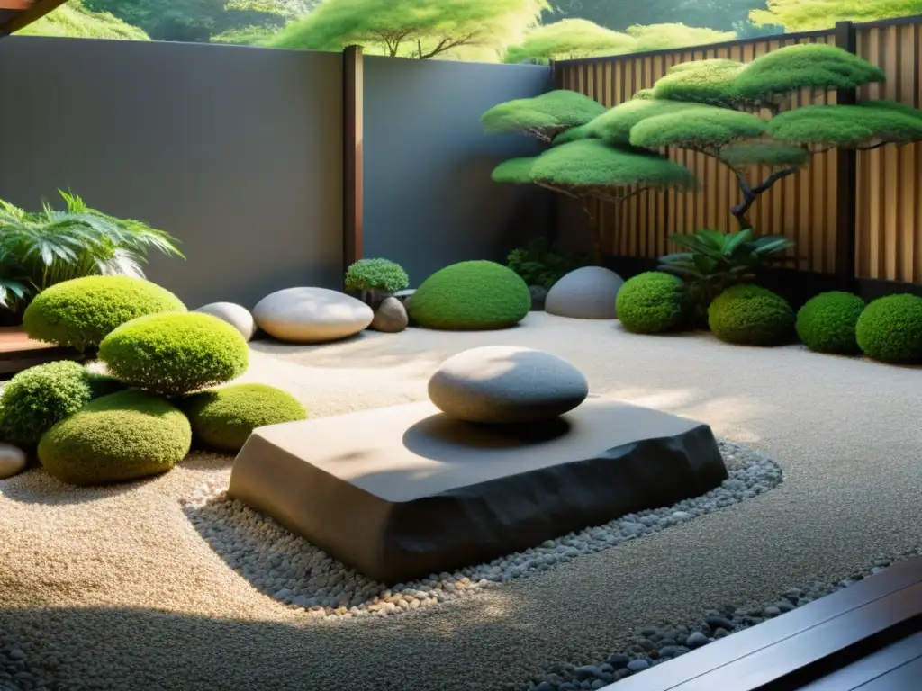 Un jardín japonés sereno con grava cuidadosamente rastrillada, rodeado de exuberante vegetación y una roca perfectamente ubicada en su centro