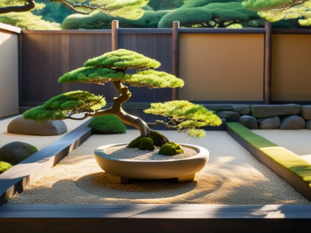 Un jardín japonés sereno con grava cuidadosamente rastrillada, piedras cubiertas de musgo y un solo árbol bonsái en una maceta de cerámica, rodeado por una valla de madera