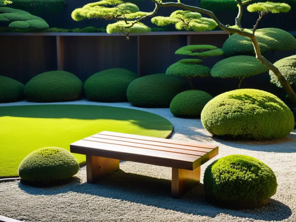 Un jardín japonés sereno con grava cuidadosamente rastrillada, rodeado de exuberante musgo verde y pequeños árboles cuidados