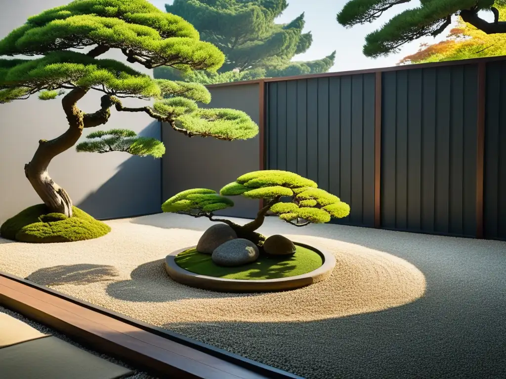 Un jardín japonés sereno, con grava cuidadosamente rastrillada, piedras cubiertas de musgo y bonsáis