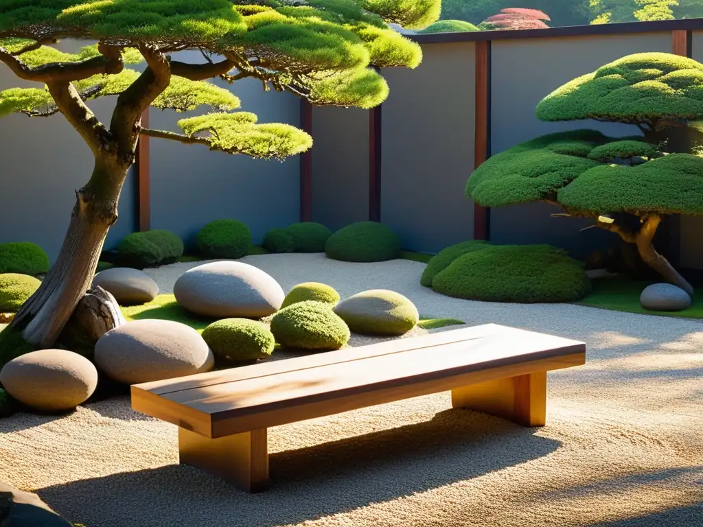 Un jardín japonés sereno con grava cuidadosamente rastrillada, piedras cubiertas de musgo y bonsáis estratégicamente ubicados