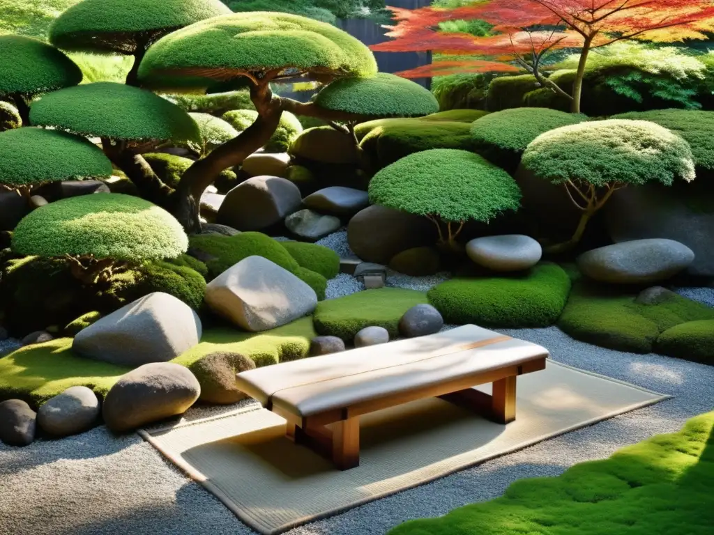 Un jardín zen japonés sereno con gravilla cuidadosamente rastrillada, rodeado de musgo verde exuberante y rocas de río suaves