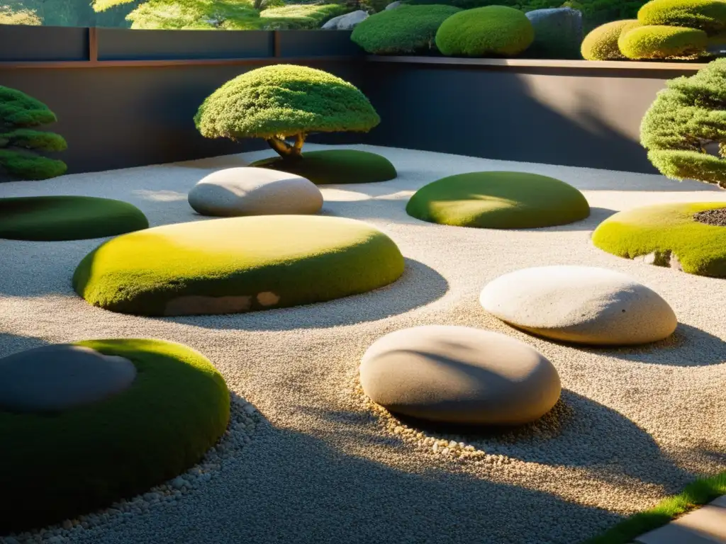 Un jardín japonés sereno con gravilla cuidadosamente rastrillada, piedras grandes y vegetación mínima