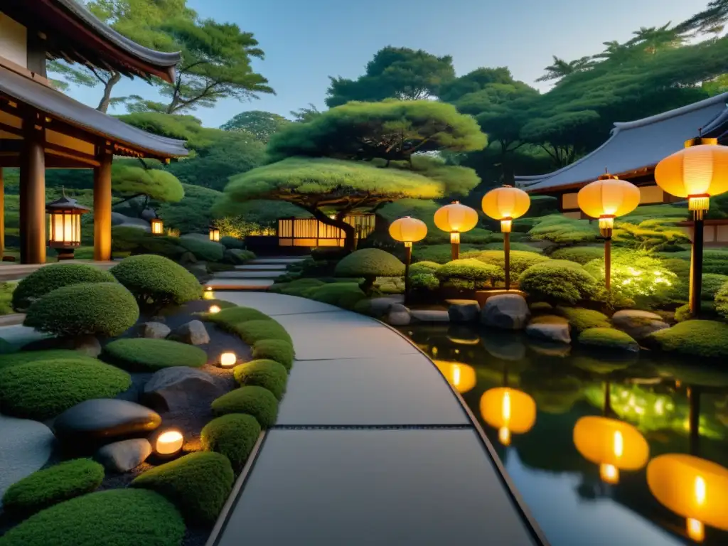 Jardín japonés sereno al atardecer: armonía y luz Jardín japonés sereno al anochecer, con iluminación ambiental destacando la belleza natural