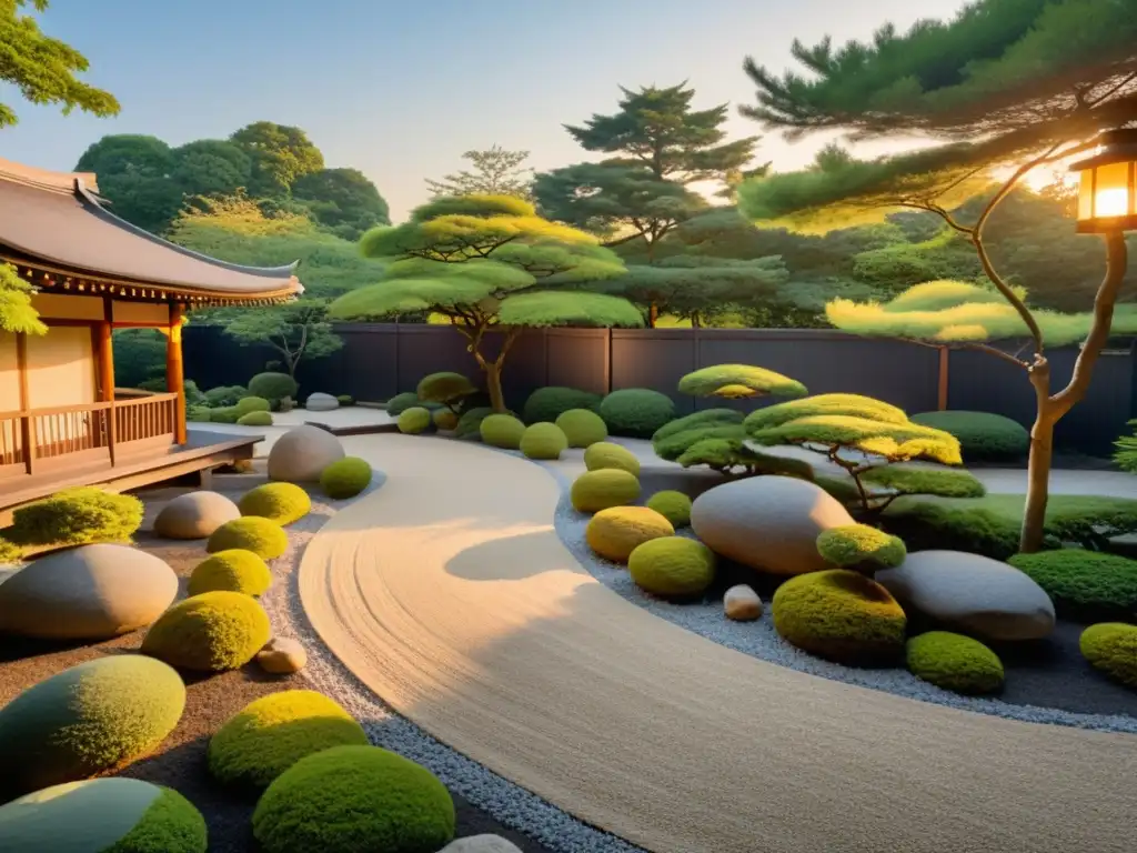 Jardín japonés sereno al atardecer: luz suave y armonía Un jardín japonés sereno al anochecer, con linternas que iluminan suavemente el follaje y los senderos, creando una atmósfera tranquila y armoniosa