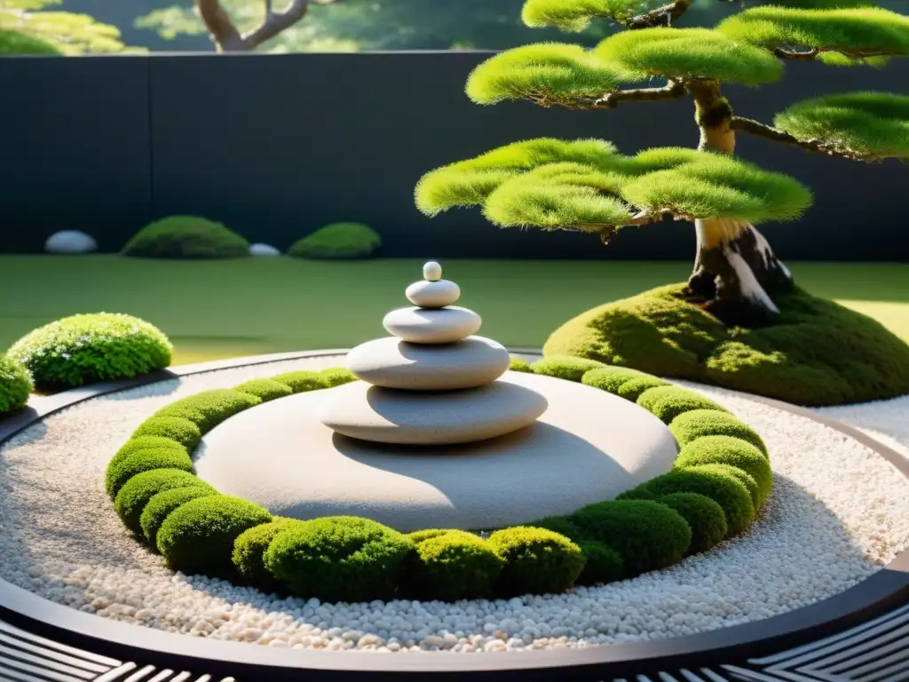 Un jardín japonés sereno y minimalista con grava blanca cuidadosamente rastrillada y una disposición armoniosa de rocas y un bonsái