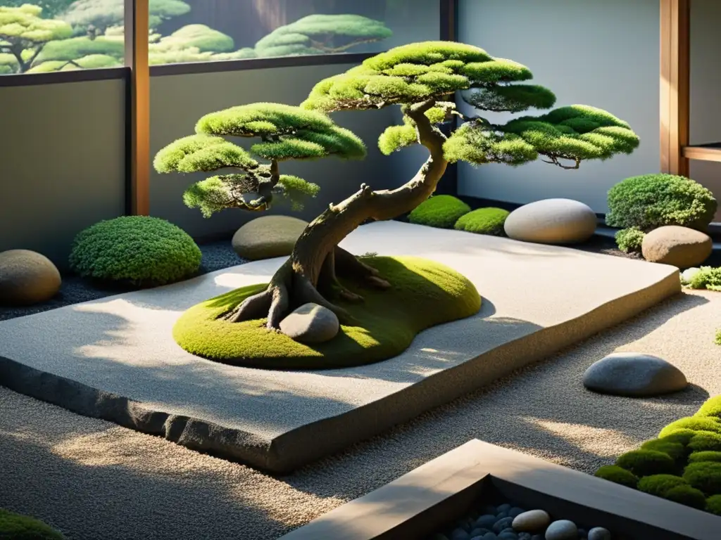 Un jardín zen japonés sereno y minimalista con grava cuidadosamente rastrillada, rocas cubiertas de musgo y bonsáis podados