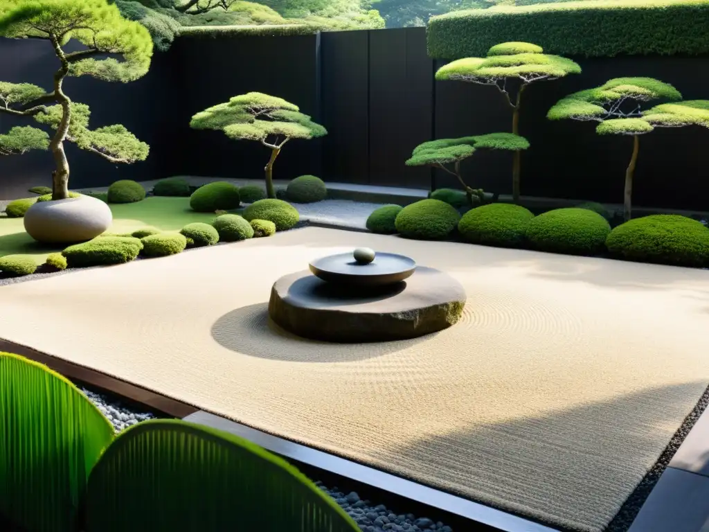 Un jardín japonés sereno y minimalista, con grava cuidadosamente rastrillada y rocas perfectamente colocadas, rodeado de exuberante vegetación