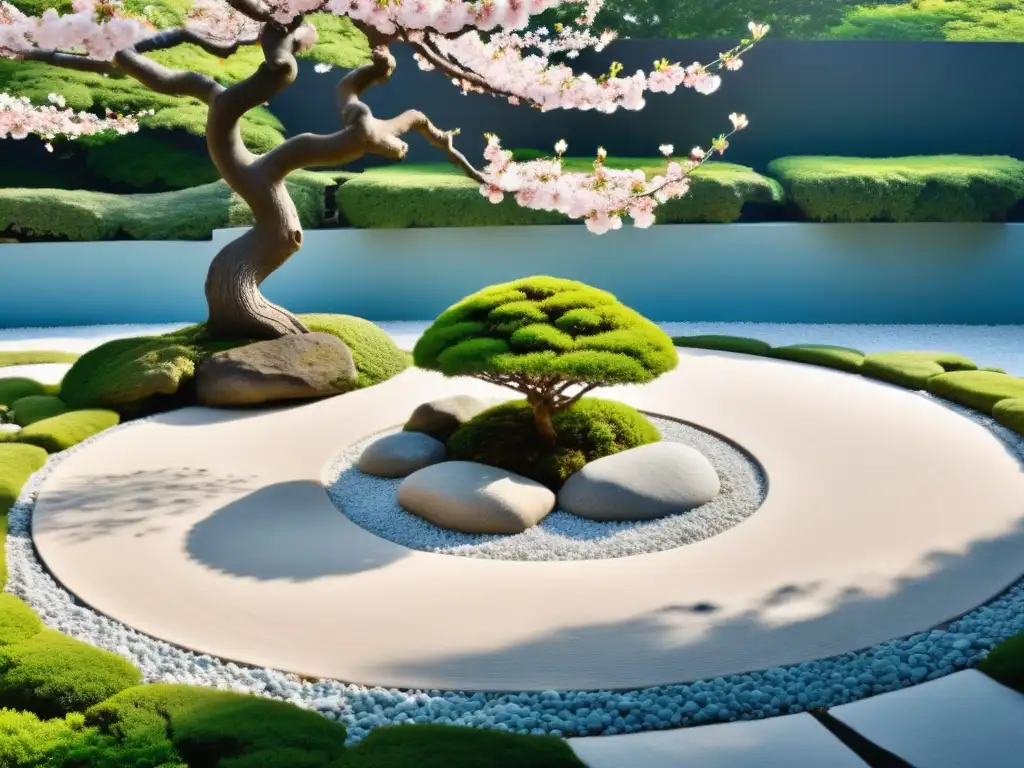 Un jardín japonés sereno y minimalista en primavera, adaptando el Feng Shui con árboles de cerezo vibrantes y un paisaje armonioso