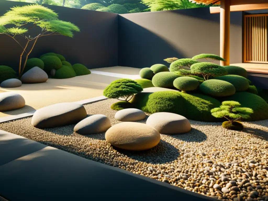 Un jardín japonés sereno y minimalista con rocas estratégicamente colocadas, rodeado de vegetación exuberante y bambú