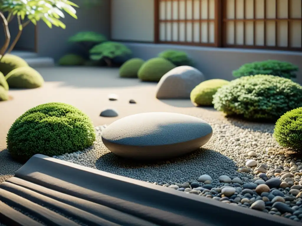 Un jardín japonés sereno y minimalista, con rocas, grava rastrillada y plantas