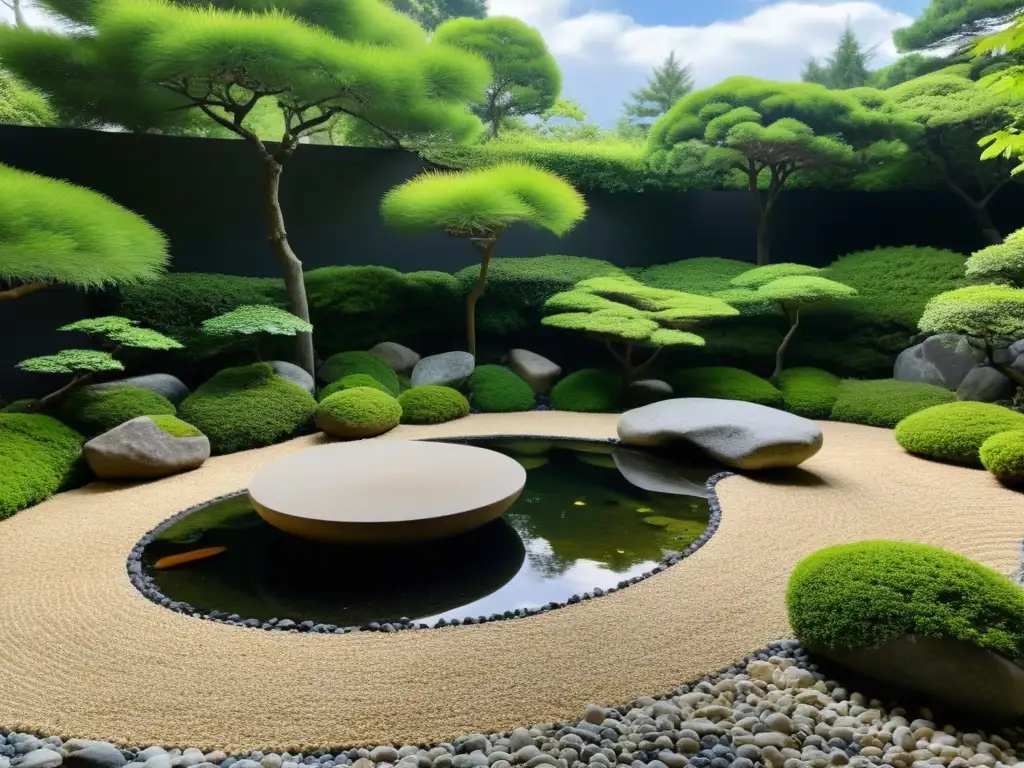 Un jardín japonés sereno y minimalista con rocas estratégicamente colocadas y un estanque tranquilo que refleja la naturaleza