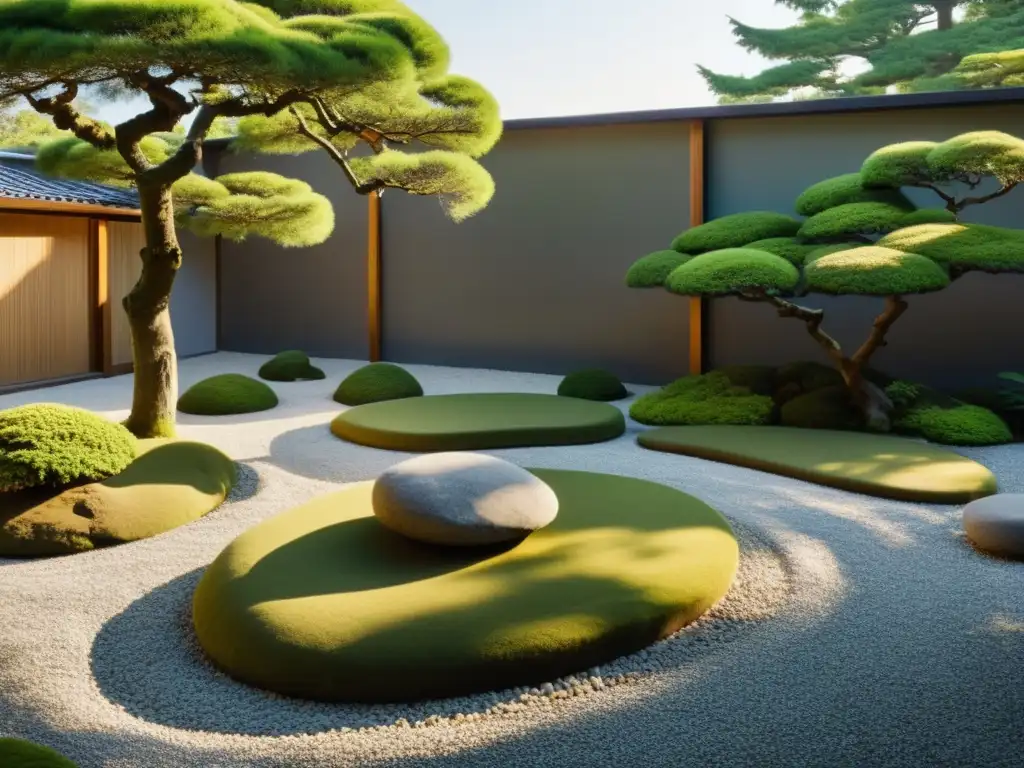 Un jardín japonés sereno y minimalista con rocas cubiertas de musgo y árboles podados, que refleja el impacto energético de los elementos decorativos