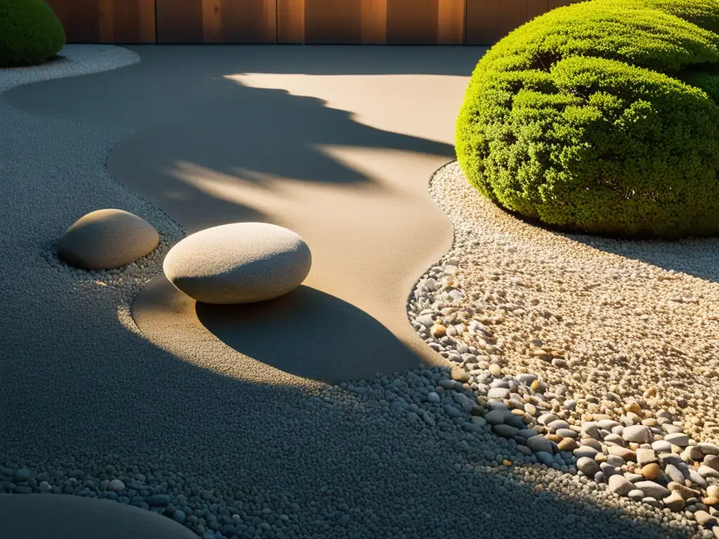 Un jardín japonés sereno con patrones cuidadosamente rastrillados en grava y rocas elegantes