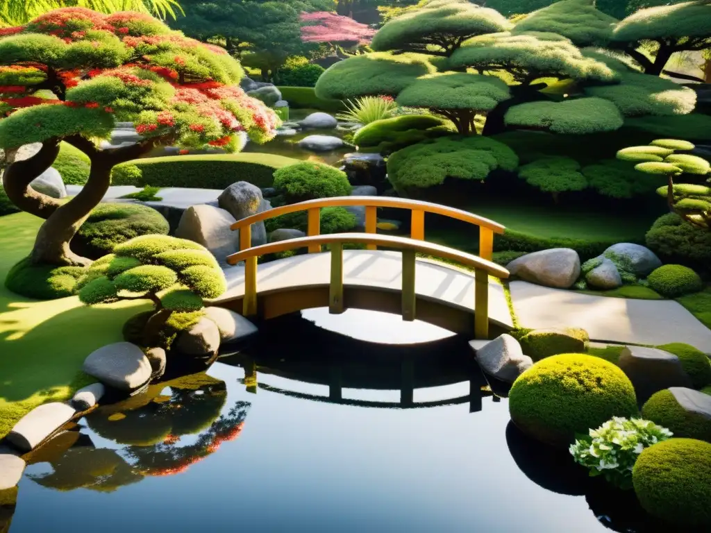 Un jardín japonés sereno con un pequeño puente sobre un estanque tranquilo, rodeado de bonsáis y flores vibrantes