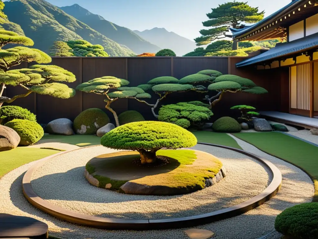 Un jardín japonés sereno, con piedras cubiertas de musgo y árboles bonsái, bañado por la luz del sol de la tarde