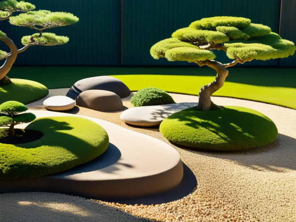 Un jardín japonés sereno con rocas y árboles bonsái, evocando equilibrio de los cinco elementos Feng Shui