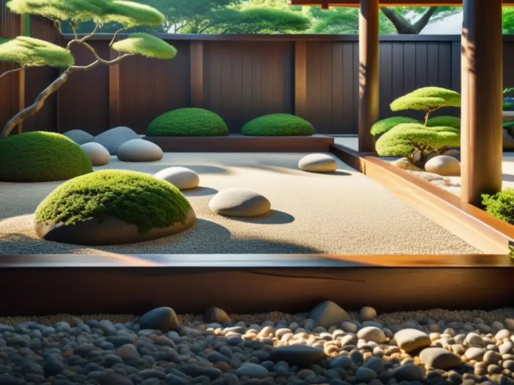 Un jardín japonés sereno con rocas y vegetación, irradiando armonía interior