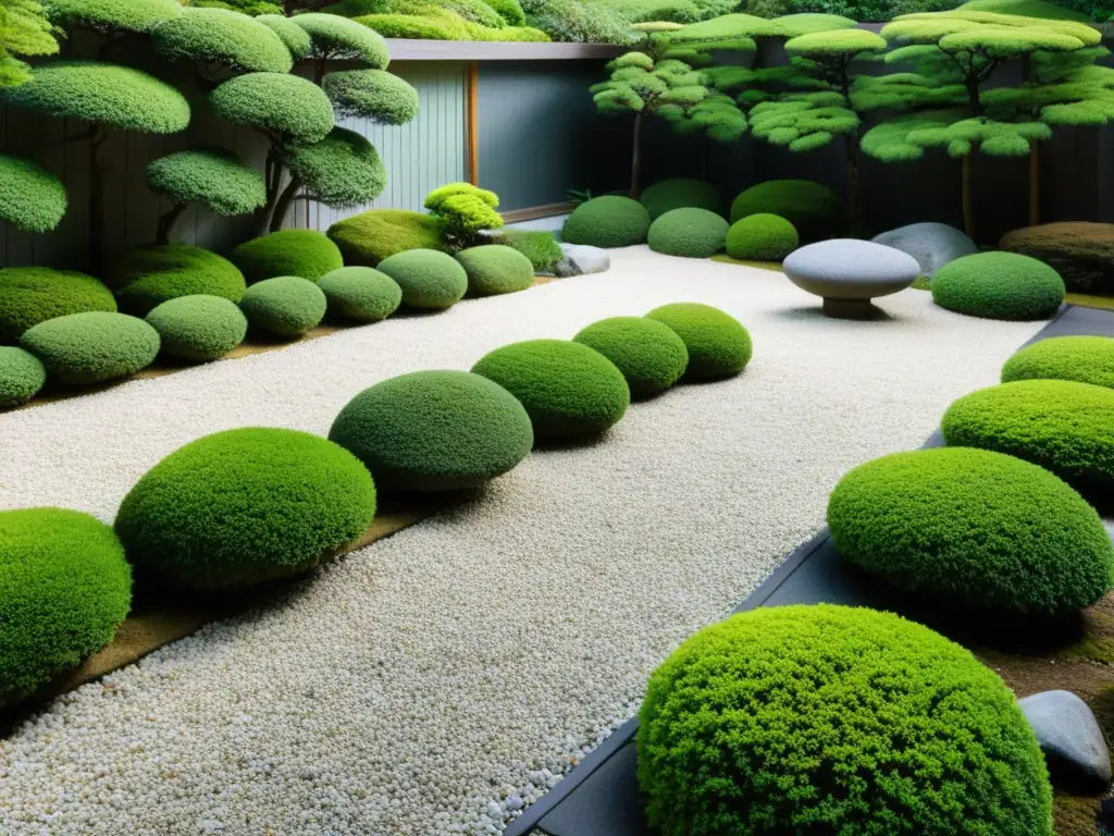 Un jardín japonés sereno con rocas y grava cuidadosamente arregladas, transmitiendo armonía y tranquilidad, ideal para el diseño de jardín Feng Shui