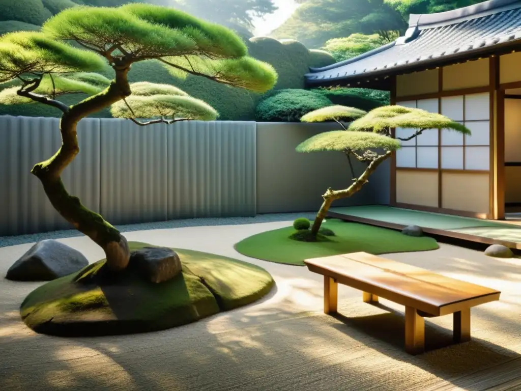 Un jardín japonés sereno con rocas, musgo y un banco de madera, iluminado por la luz del sol entre las hojas de un cerezo en flor