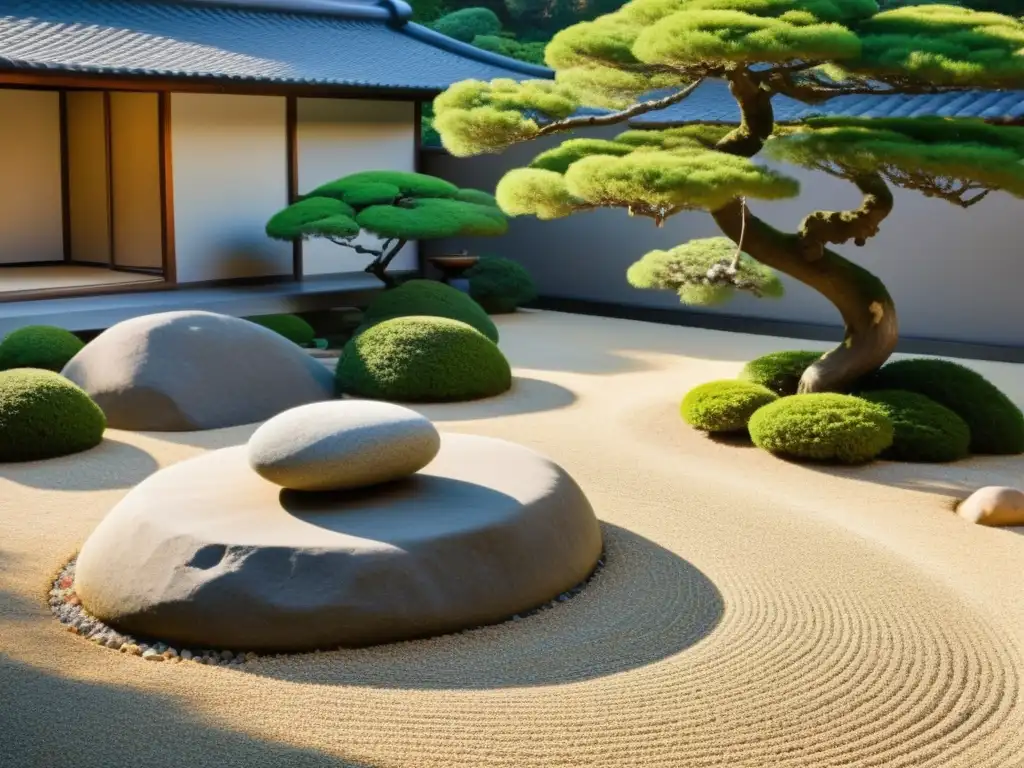 Un jardín japonés sereno con rocas y bonsáis podados, bañado por la luz de la tarde