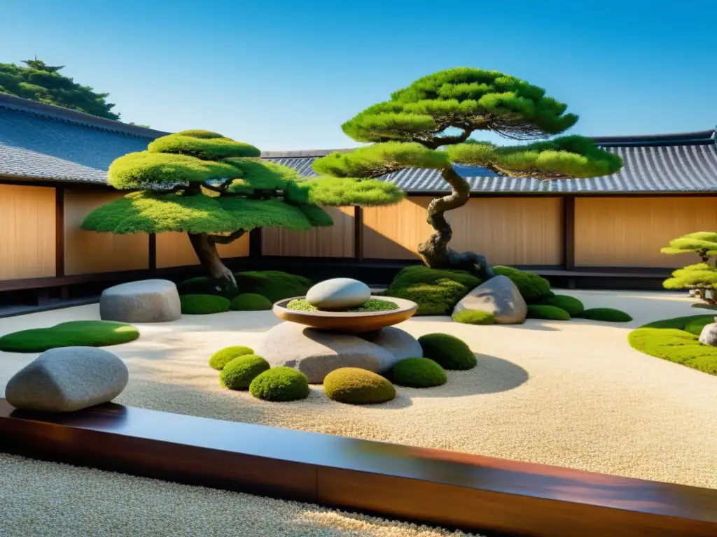 Un jardín japonés sereno con rocas y bonsáis, rodeado por una elegante valla de madera