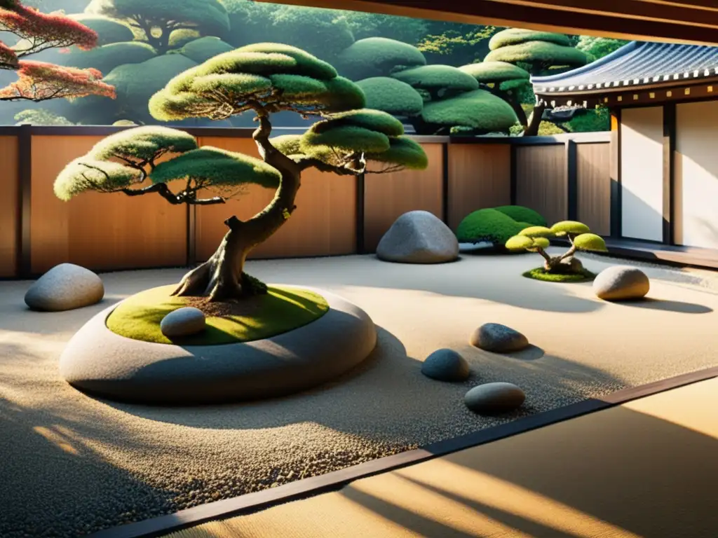 Jardín japonés sereno, con rocas, musgo y bonsáis