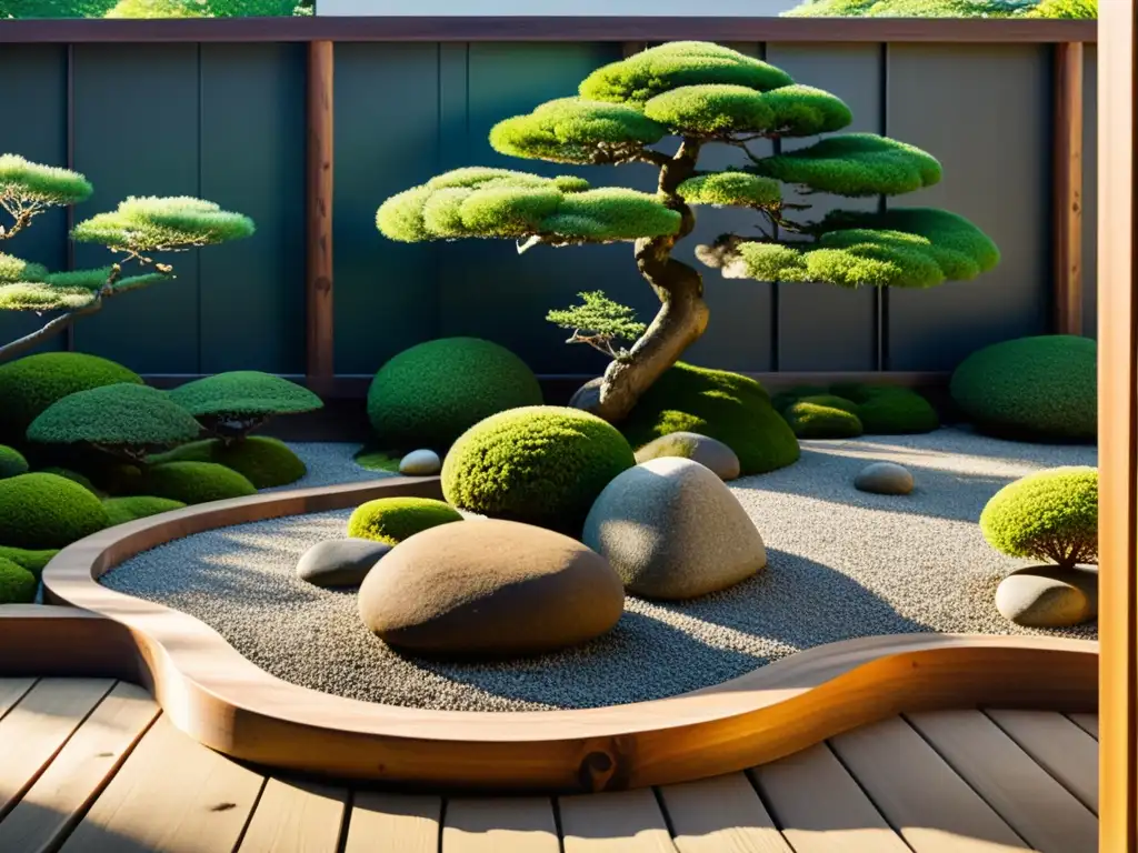 Un jardín japonés sereno con rocas, bonsáis y sombras al atardecer, perfecto para la práctica del Feng Shui y la jardinería bajo mantenimiento