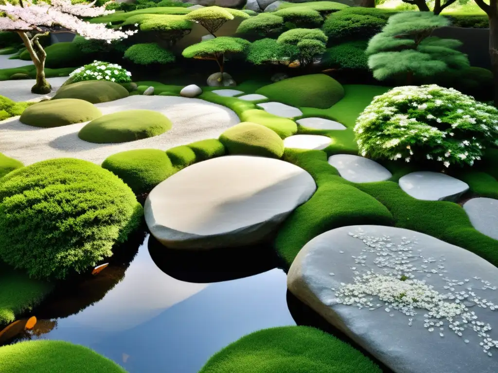 Un jardín japonés sereno con rocas armoniosamente dispuestas, rodeado de exuberante vegetación y delicados árboles de cerezo