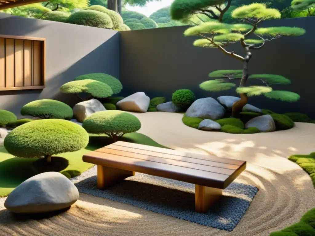 Un jardín japonés sereno, con rocas cuidadosamente equilibradas y rodeado de exuberante vegetación