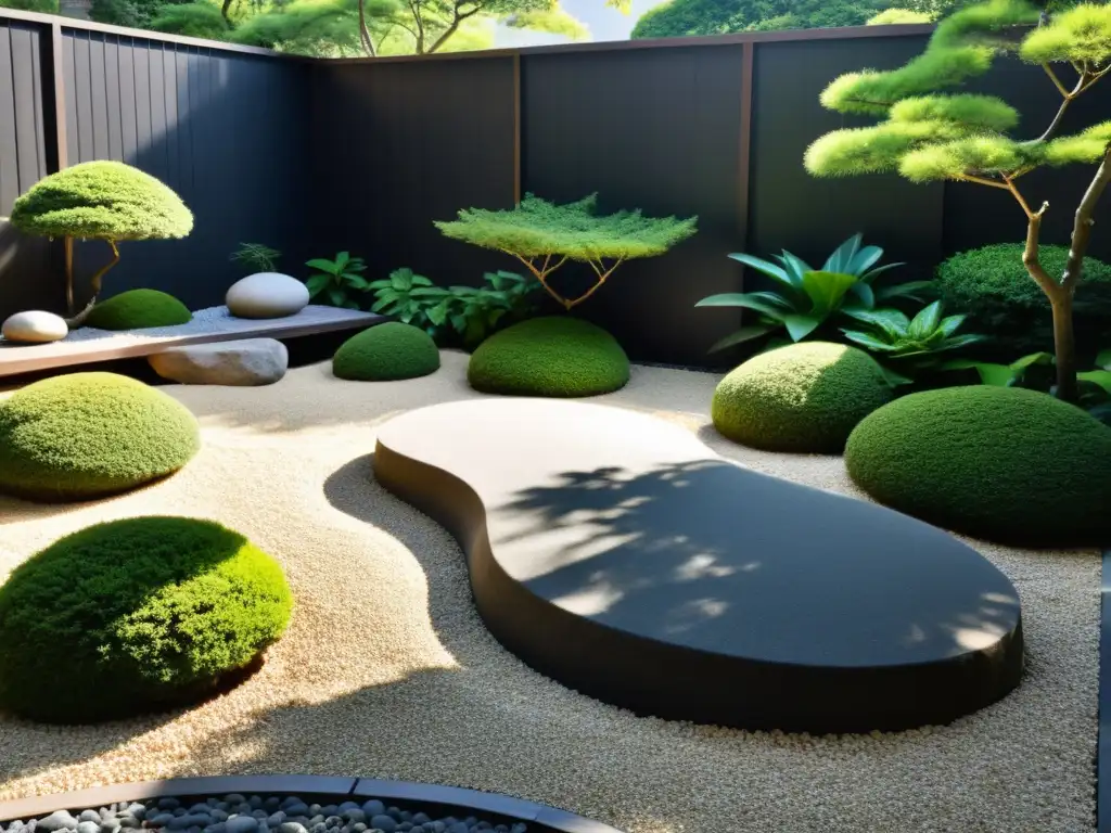 Un jardín japonés sereno con rocas y vegetación, mostrando equilibrio perfecto y armonía según los principios del Feng Shui