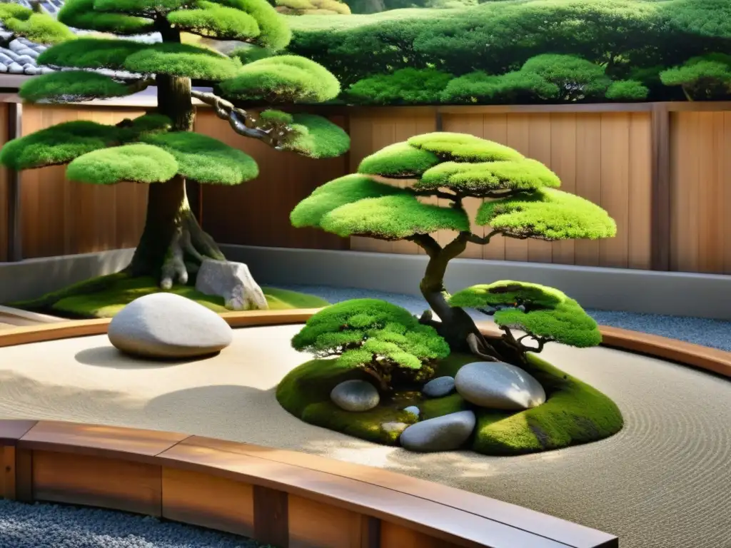 Un jardín japonés sereno con rocas, musgo, bonsái y espejos para energizar jardines