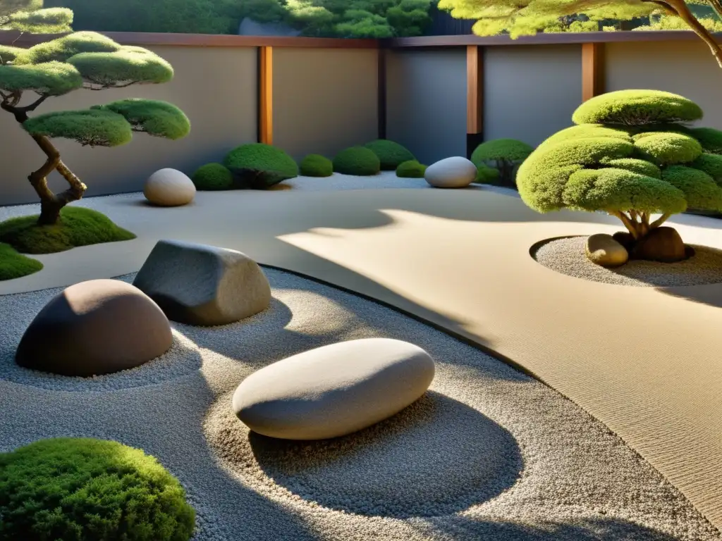 Un jardín japonés sereno con rocas, grava cuidadosamente rastrillada y plantas podadas, flujo de Chi en jardín bajo mantenimiento