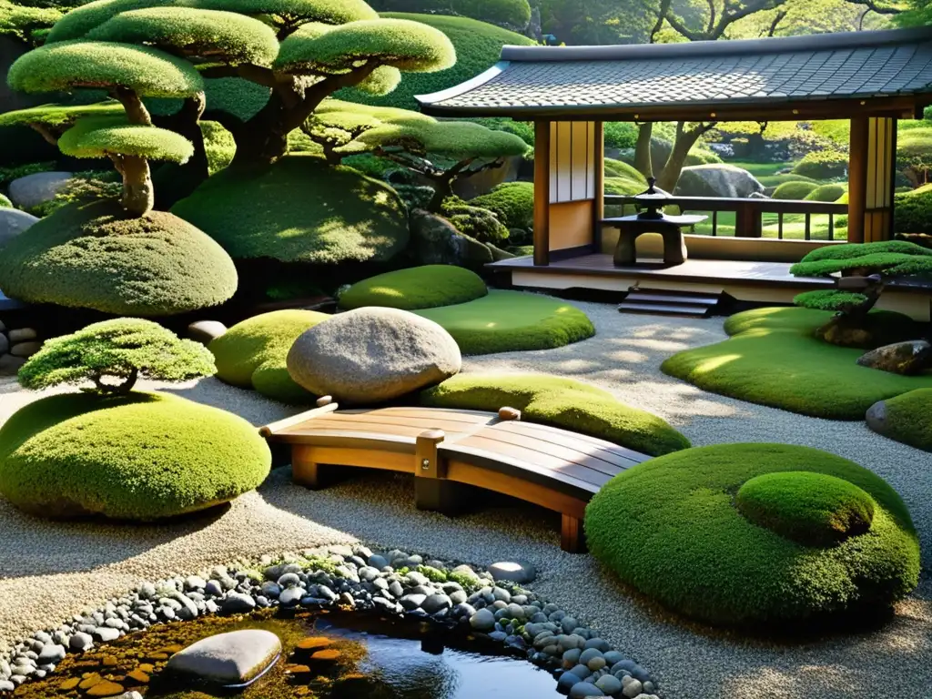 Un jardín japonés sereno con diseño de jardín con Feng Shui, rocas, musgo, bonsáis, puente de madera y casa de té