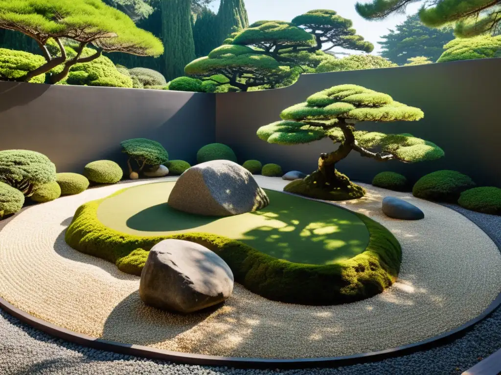 Un jardín japonés sereno con rocas cuidadosamente rastreadas, islas cubiertas de musgo y árboles bonsái podados