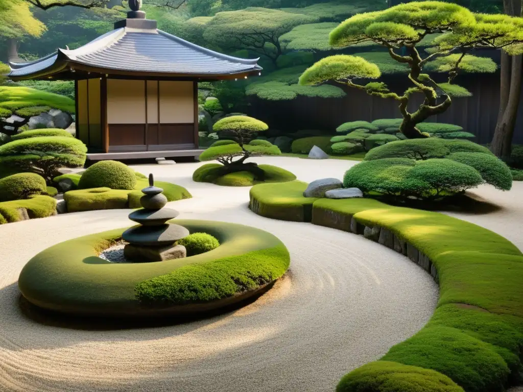 Un jardín japonés sereno con rocas y senderos para armonizar, exudando tranquilidad y equilibrio bajo la luz del atardecer