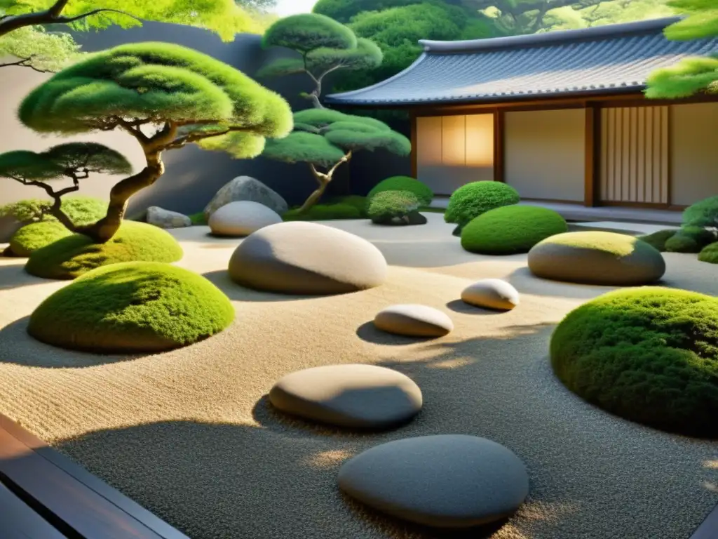 Jardín japonés sereno con rocas y vegetación exuberante, invitando a la relajación en el hogar con Feng Shui